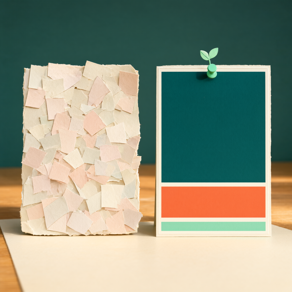 Cluttered paper-scrap collage next to a clean color-blocked card, comparing a messy low-contrast pin design with a clear high-contrast Pinterest pin design template