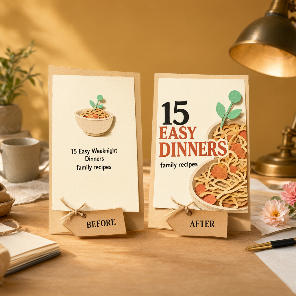 Before and after Pinterest pin design showing a small timid headline versus a bold dramatic '15 Easy Dinners' headline, illustrating dramatic text hierarchy in pin templates